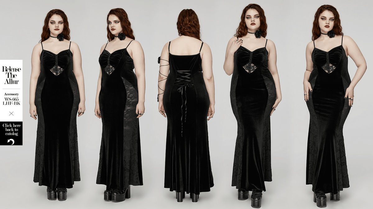 Gothic Style Black Velvet Lace Panel Mermaid Dress