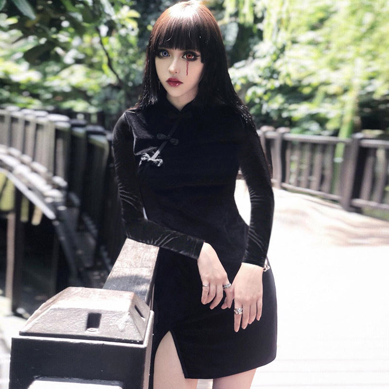 Gothic Style Velvet Women Dress / Cheongsam Dress in Alternative Fashion