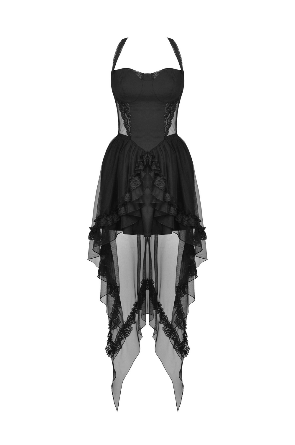 Gothic Swallowtail Dress with Lace and Layered Skirt