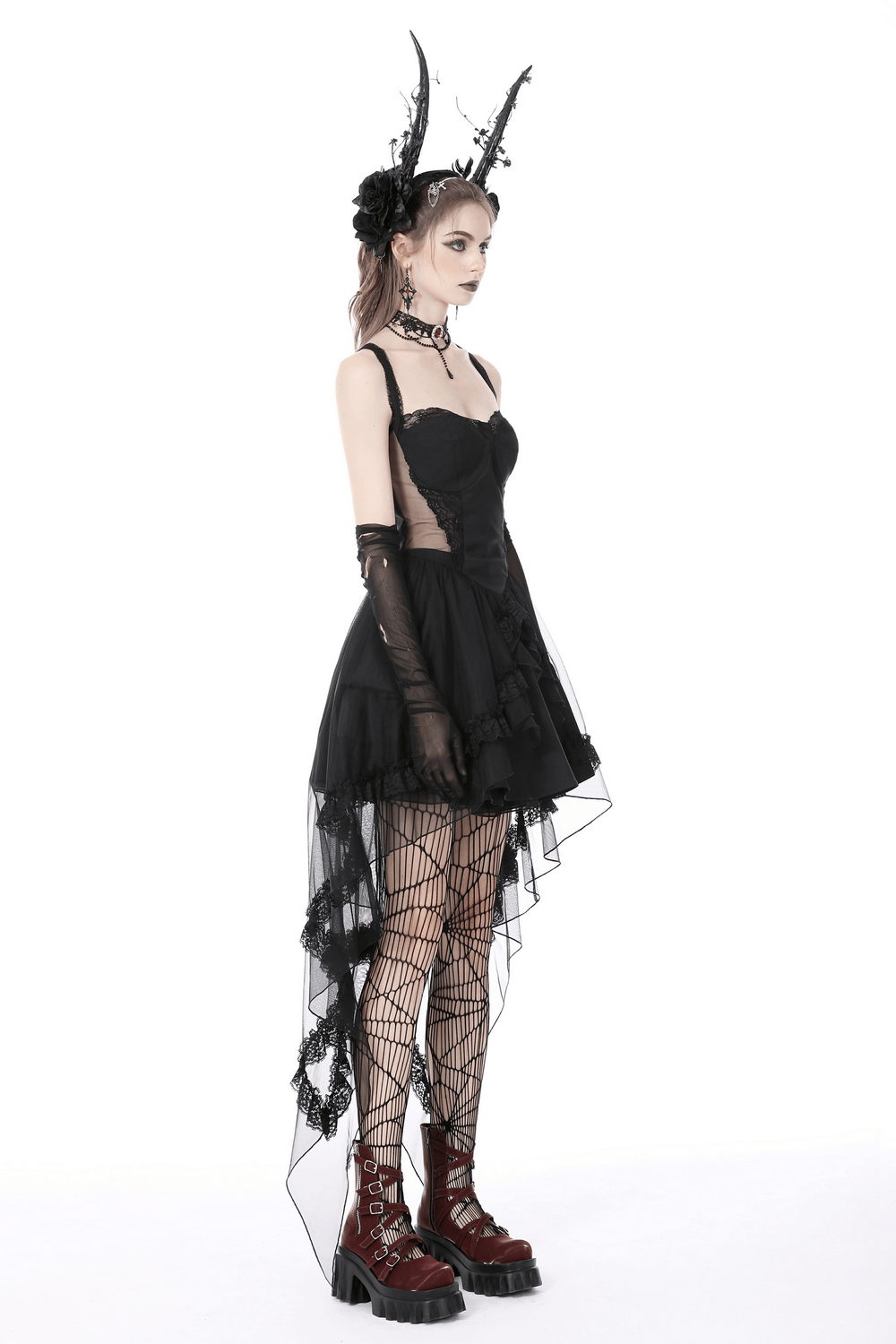 Gothic Swallowtail Dress with Lace and Layered Skirt