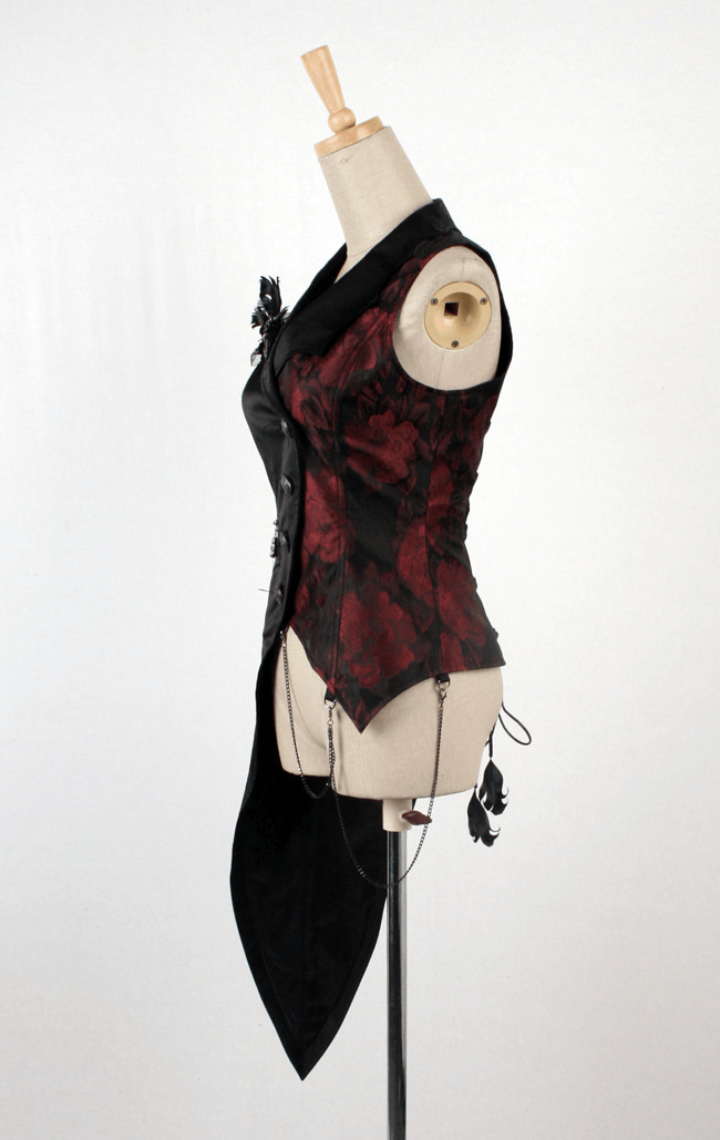 Gothic Tailcoat Vest with Chains and Red Brocade Detail