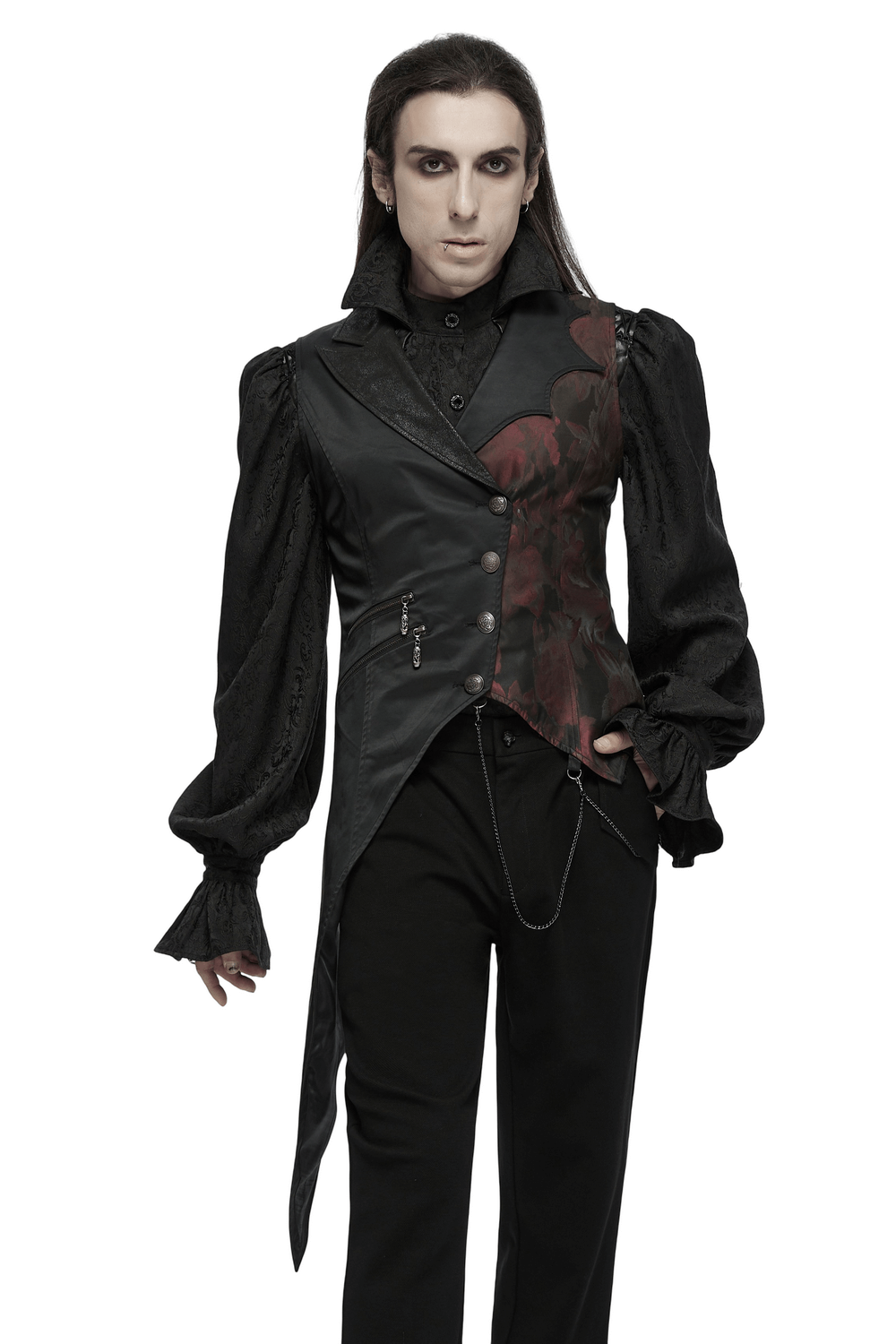 Gothic Tailcoat Vest with Chains and Red Brocade Detail