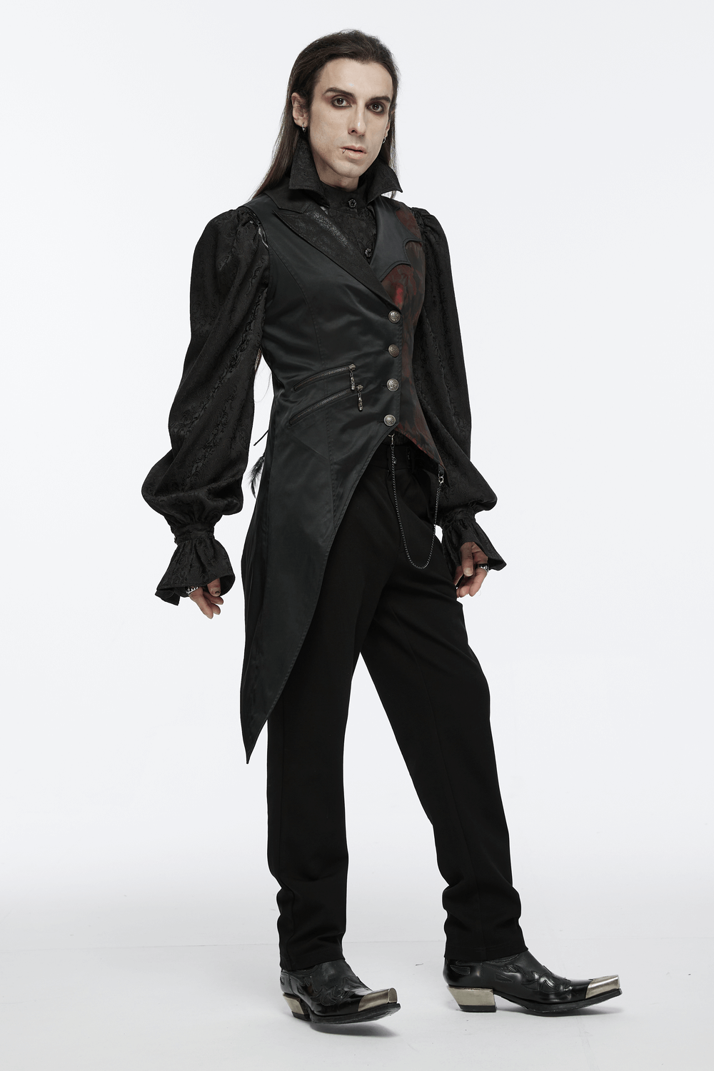 Gothic Tailcoat Vest with Chains and Red Brocade Detail