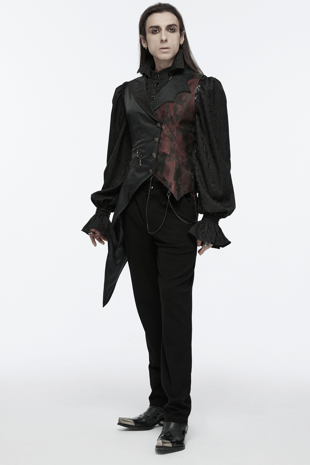 Gothic Tailcoat Vest with Chains and Red Brocade Detail