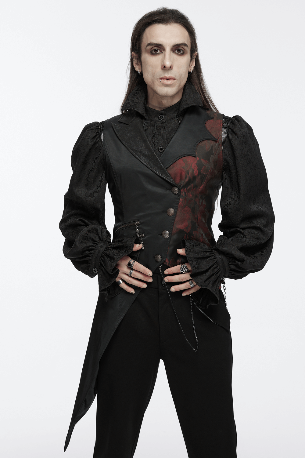 Gothic Tailcoat Vest with Chains and Red Brocade Detail