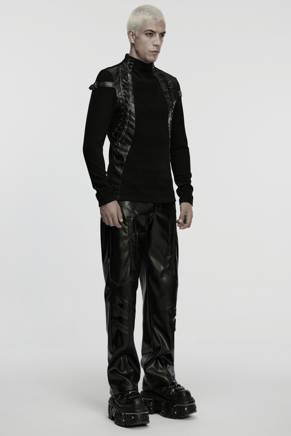 Gothic Top with Leather-Like Panels And Lacing Details