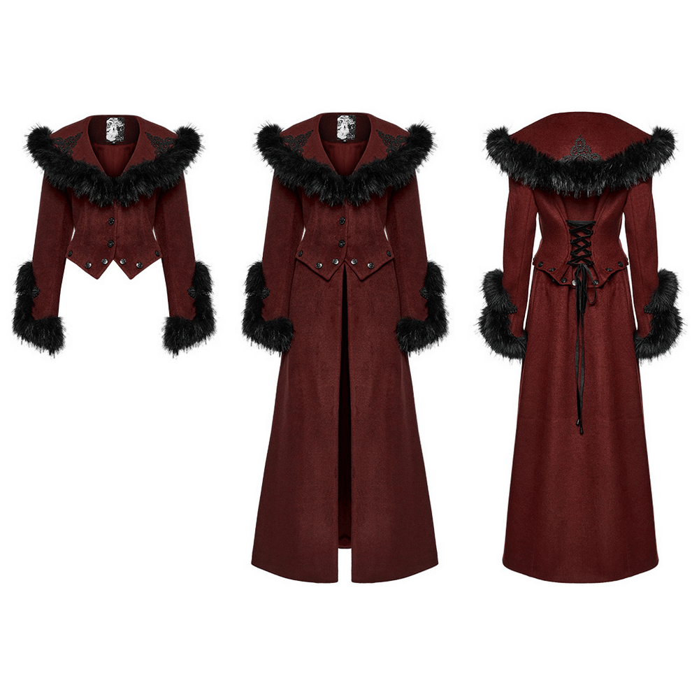 Gothic Two-Piece Coat with Detachable Hem and Fur Collar