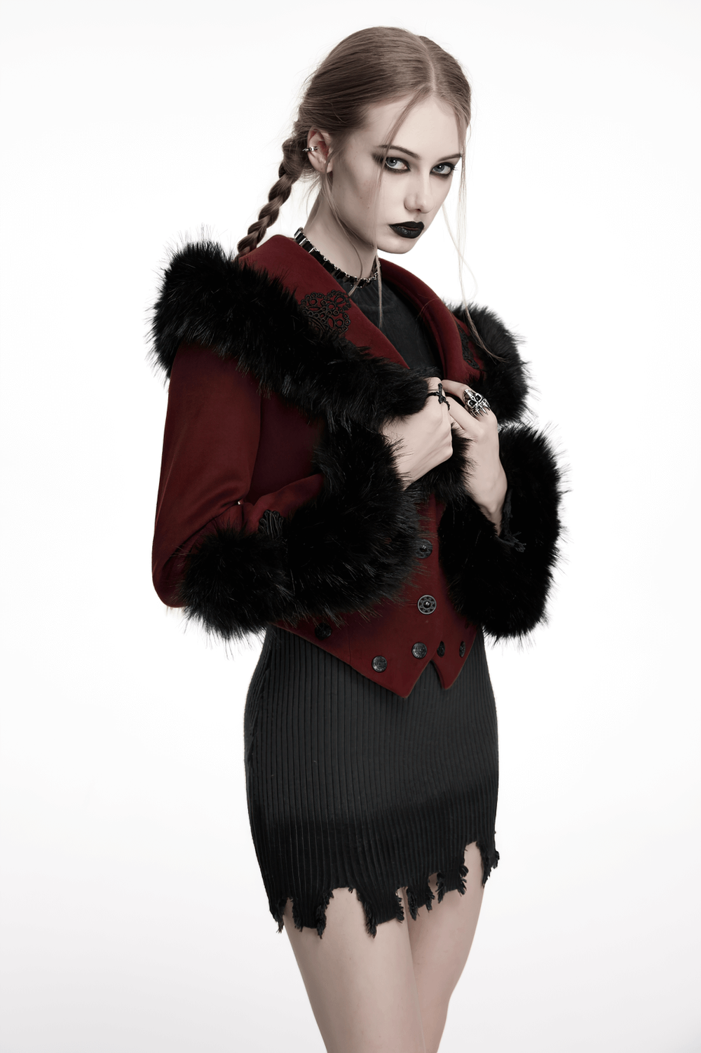 Gothic Two-Piece Coat with Detachable Hem and Fur Collar