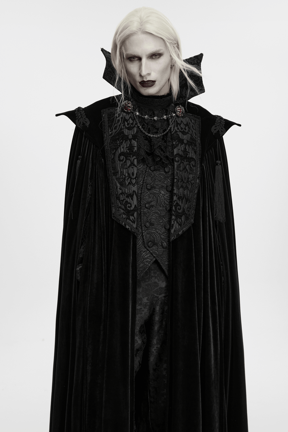 Gothic Vampire Velvet Cloak with Jacquard and Tassels