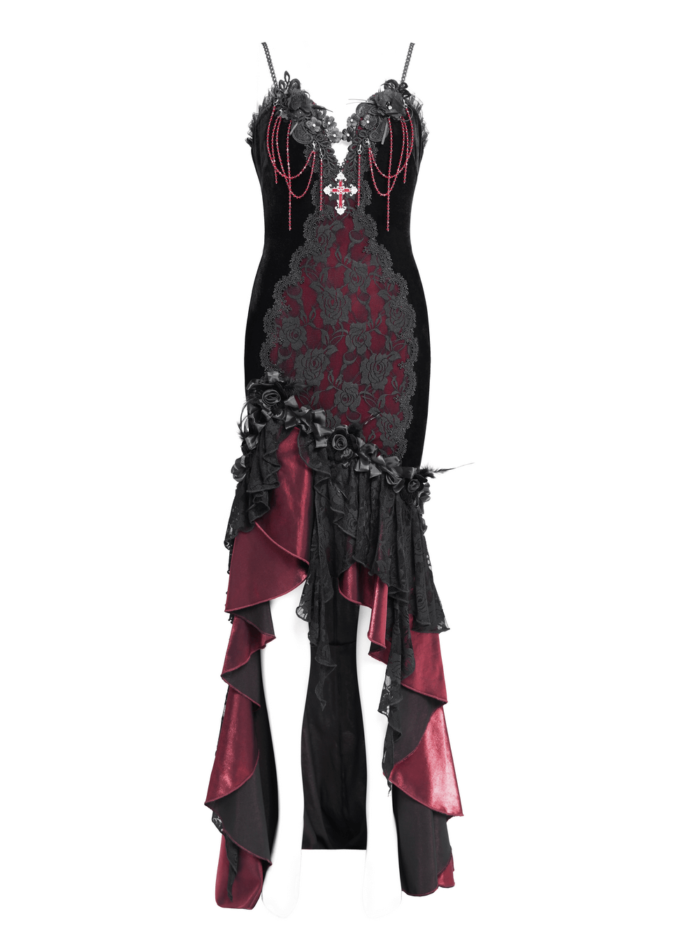 Gothic Velvet and Lace High-Low Dress with Cross Pendant