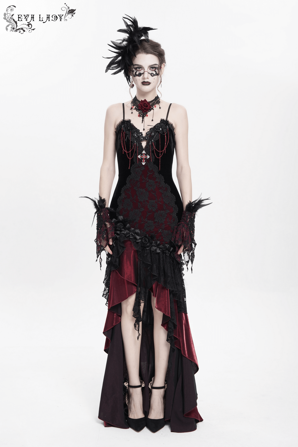 Gothic Velvet and Lace High-Low Dress with Cross Pendant