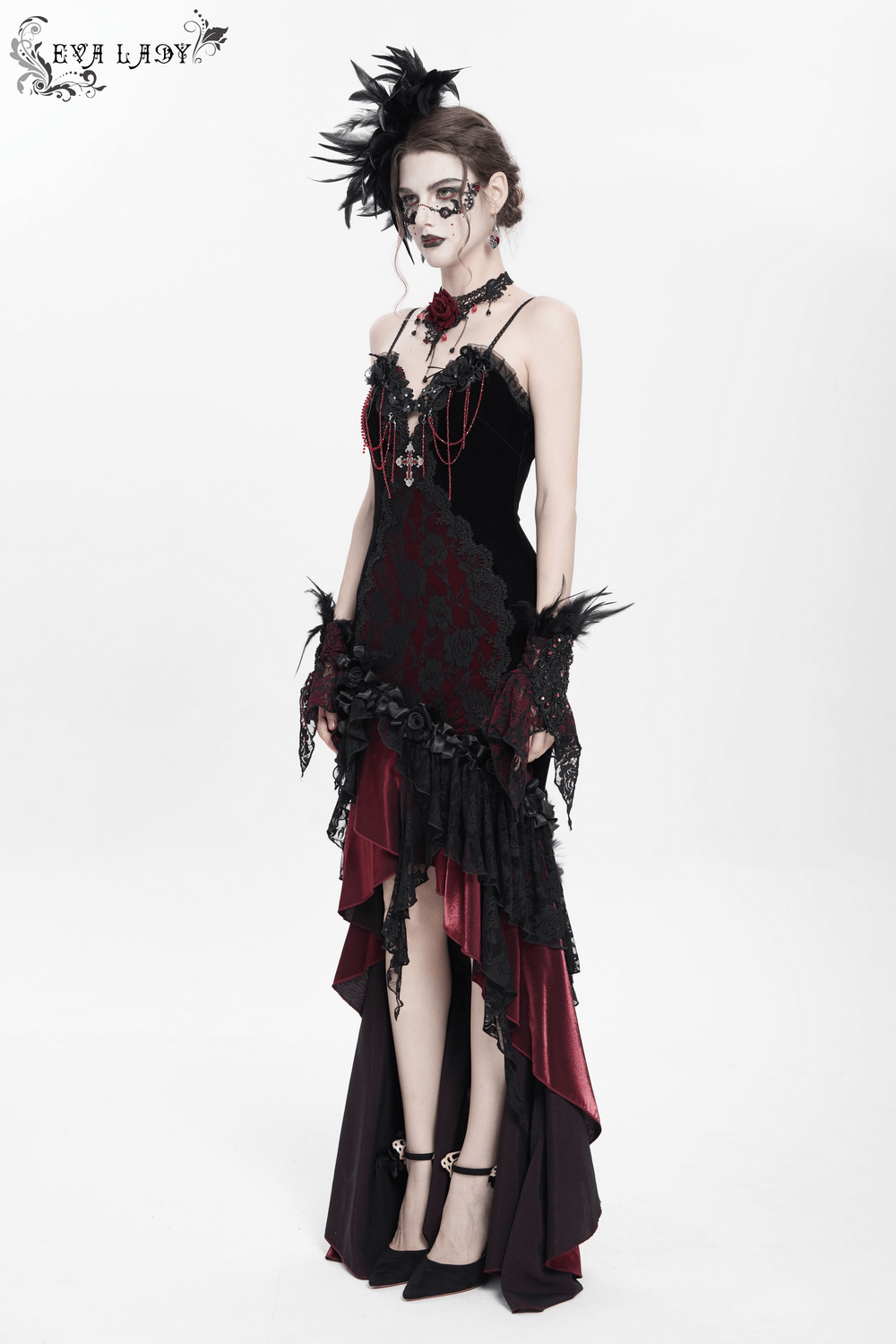 Gothic Velvet and Lace High-Low Dress with Cross Pendant