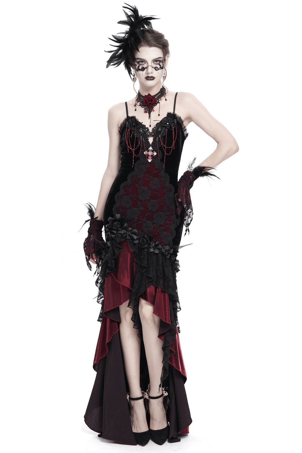 Gothic Velvet and Lace High-Low Dress with Cross Pendant