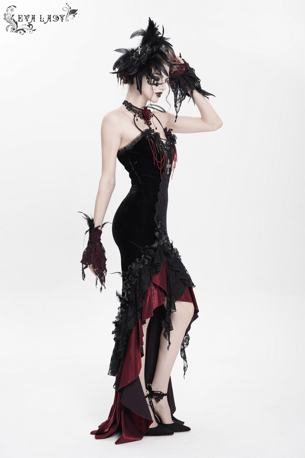 Gothic Velvet and Lace High-Low Dress with Cross Pendant