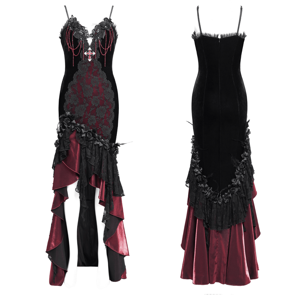 Gothic Velvet and Lace High-Low Dress with Cross Pendant