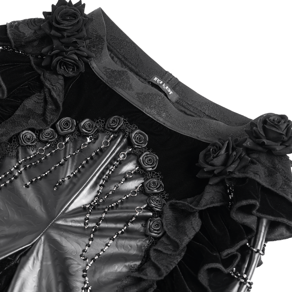 Gothic Velvet and Leather Flare Pants with Lace Ruffles