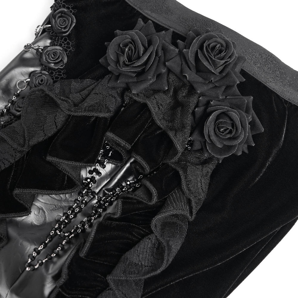 Gothic Velvet and Leather Flare Pants with Lace Ruffles