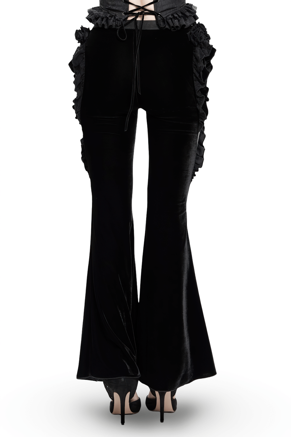 Gothic Velvet and Leather Flare Pants with Lace Ruffles