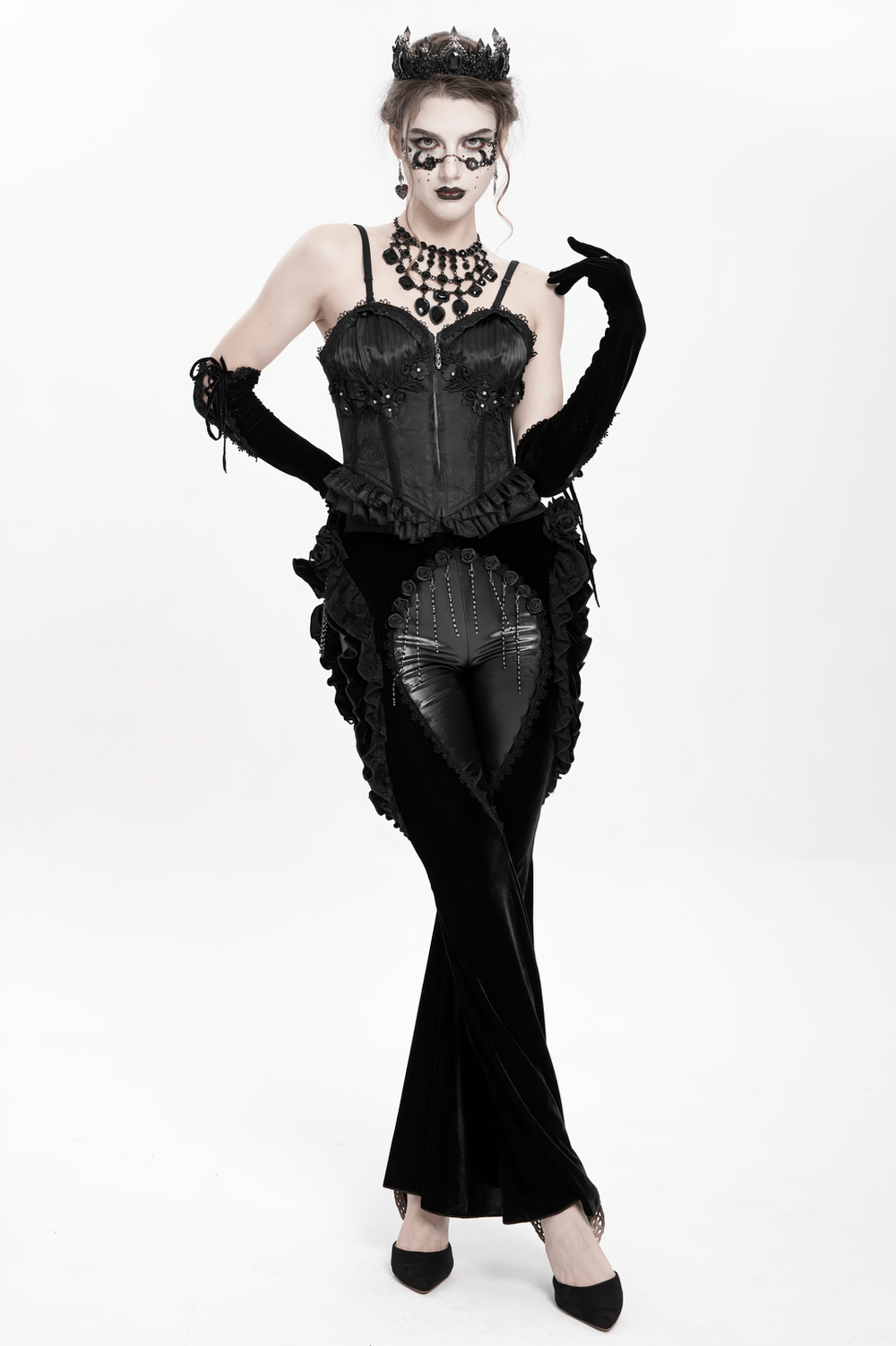 Gothic Velvet and Leather Flare Pants with Lace Ruffles
