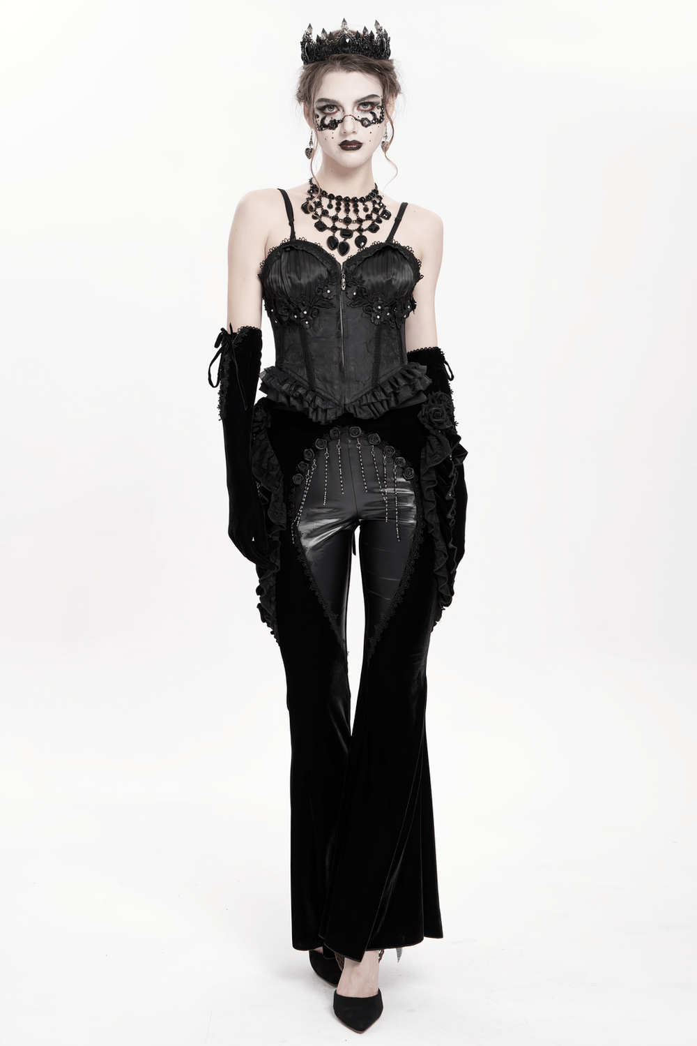 Gothic Velvet and Leather Flare Pants with Lace Ruffles