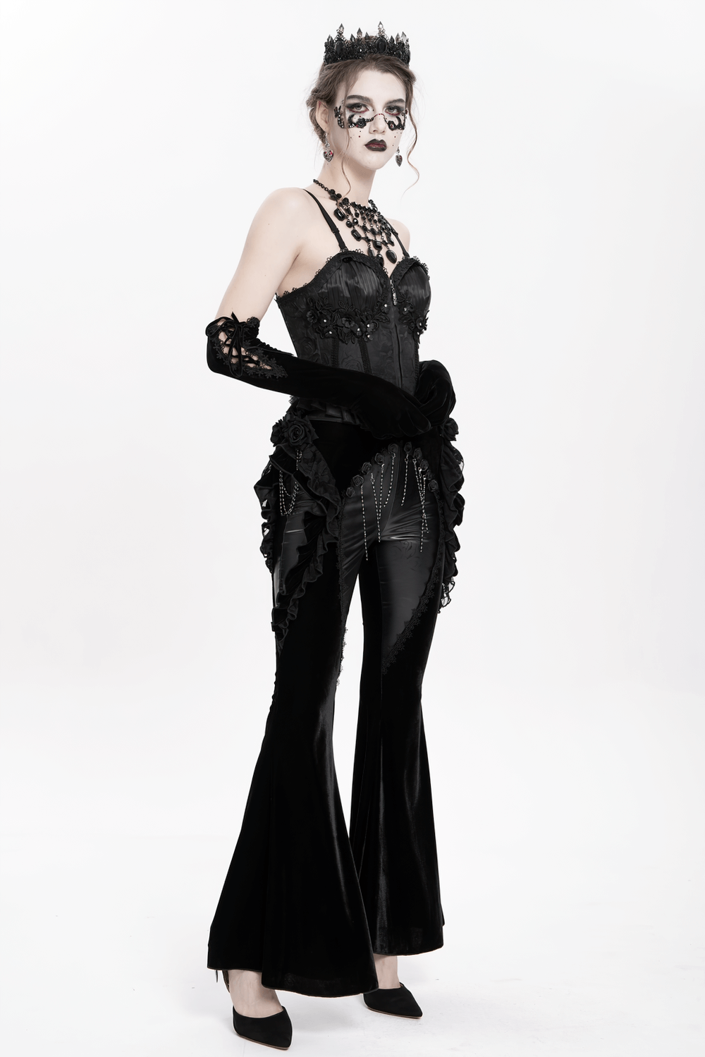 Gothic Velvet and Leather Flare Pants with Lace Ruffles
