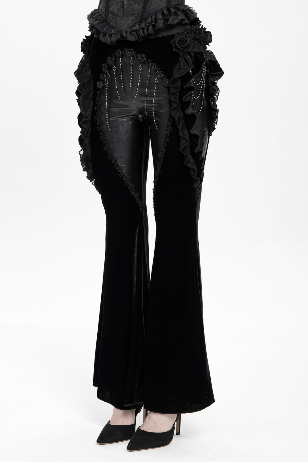 Gothic Velvet and Leather Flare Pants with Lace Ruffles
