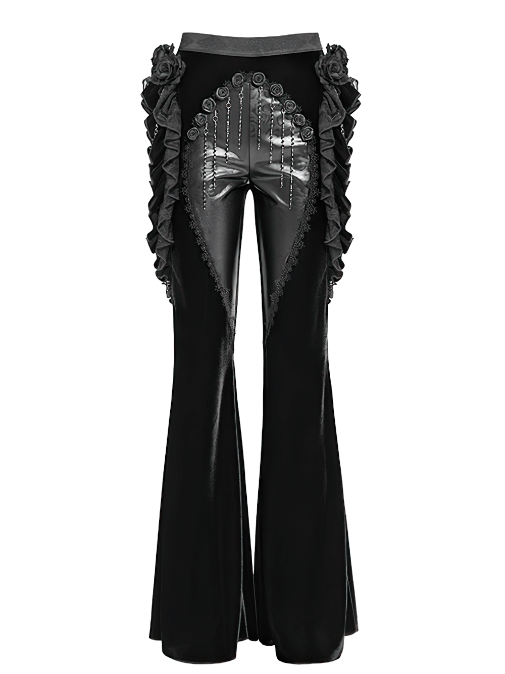 Gothic Velvet and Leather Flare Pants with Lace Ruffles