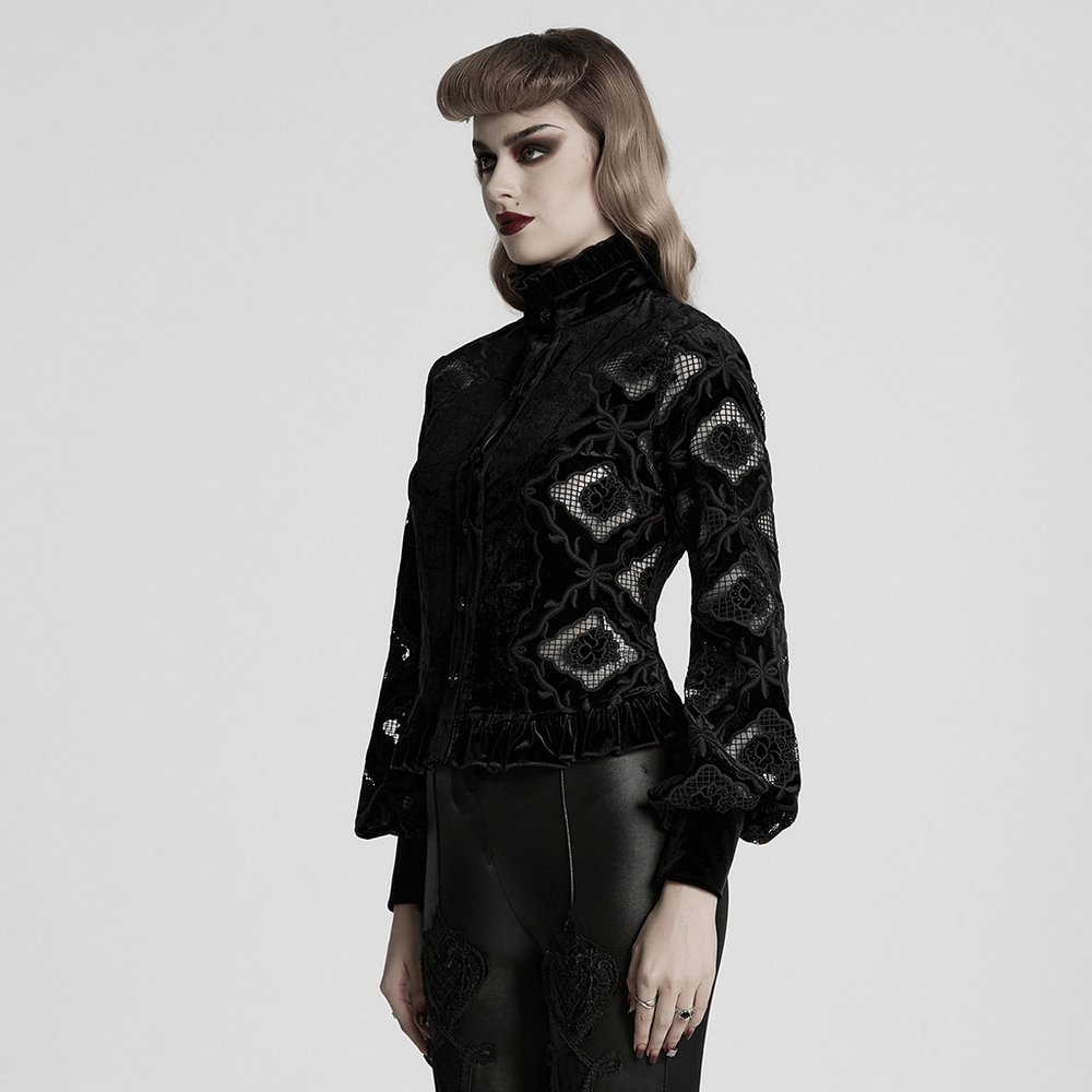 Gothic Velvet Blouse with Embroidery and Lace-Up Back