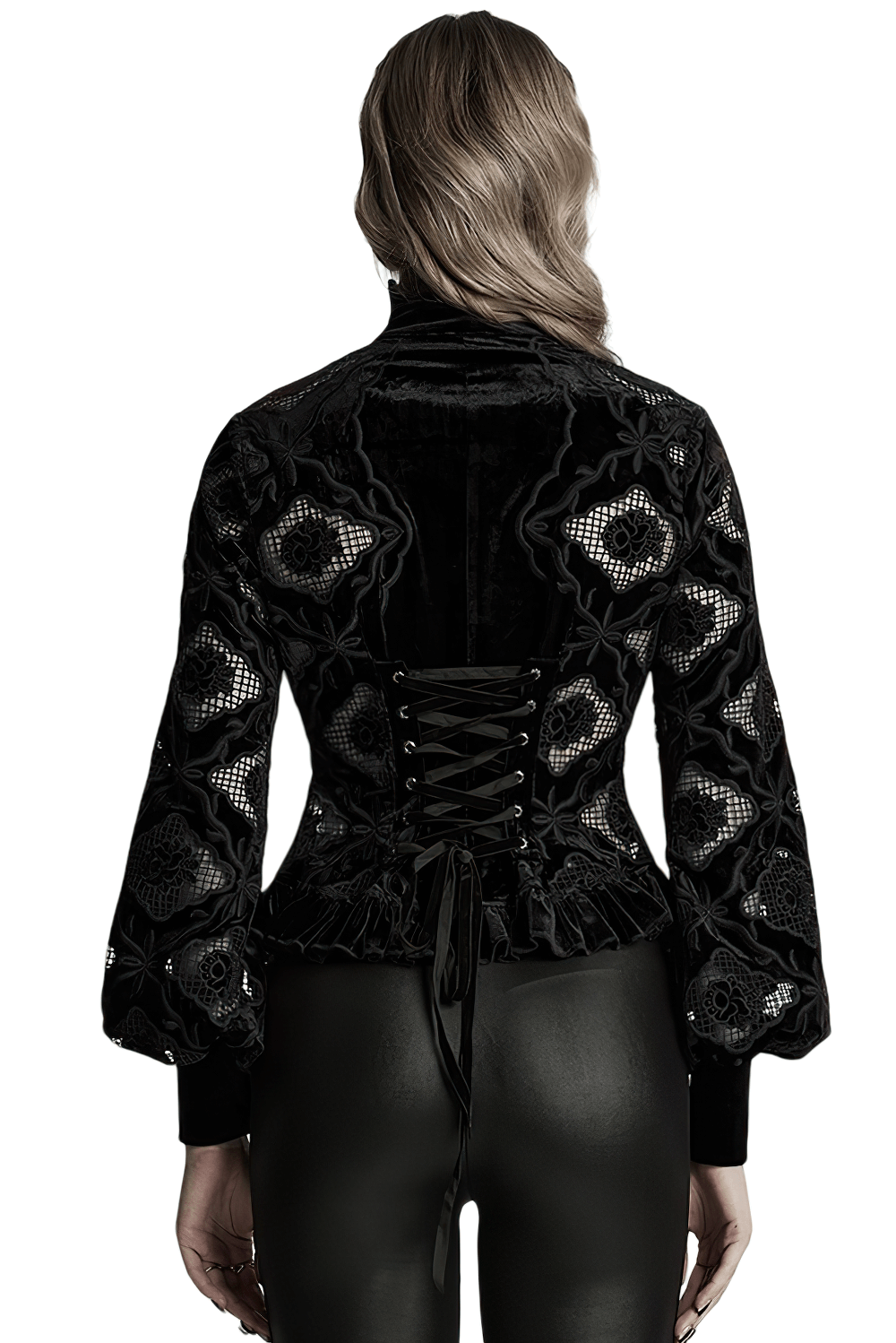 Gothic Velvet Blouse with Embroidery and Lace-Up Back