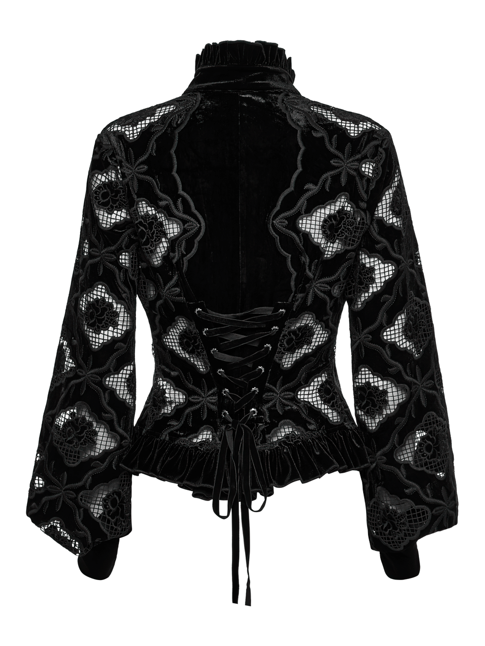 Gothic Velvet Blouse with Embroidery and Lace-Up Back