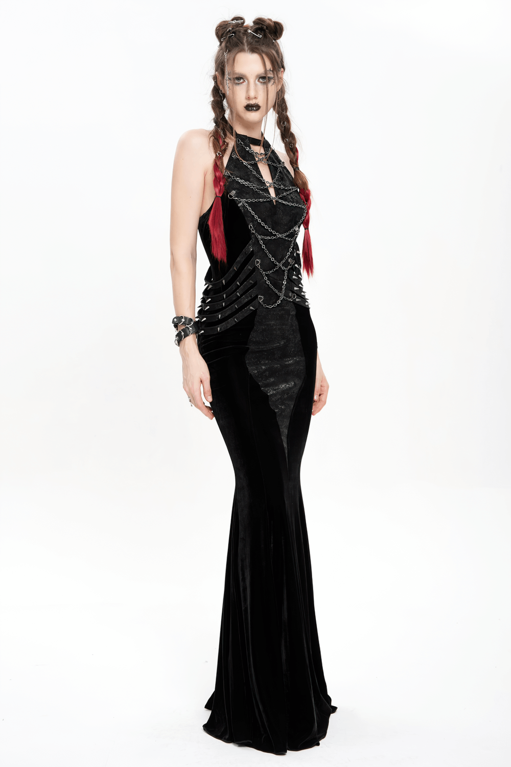 Gothic Velvet Chain Maxi Dress with Halter Neckline