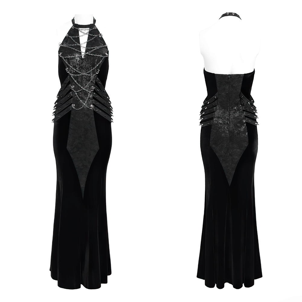 Gothic Velvet Chain Maxi Dress with Halter Neckline