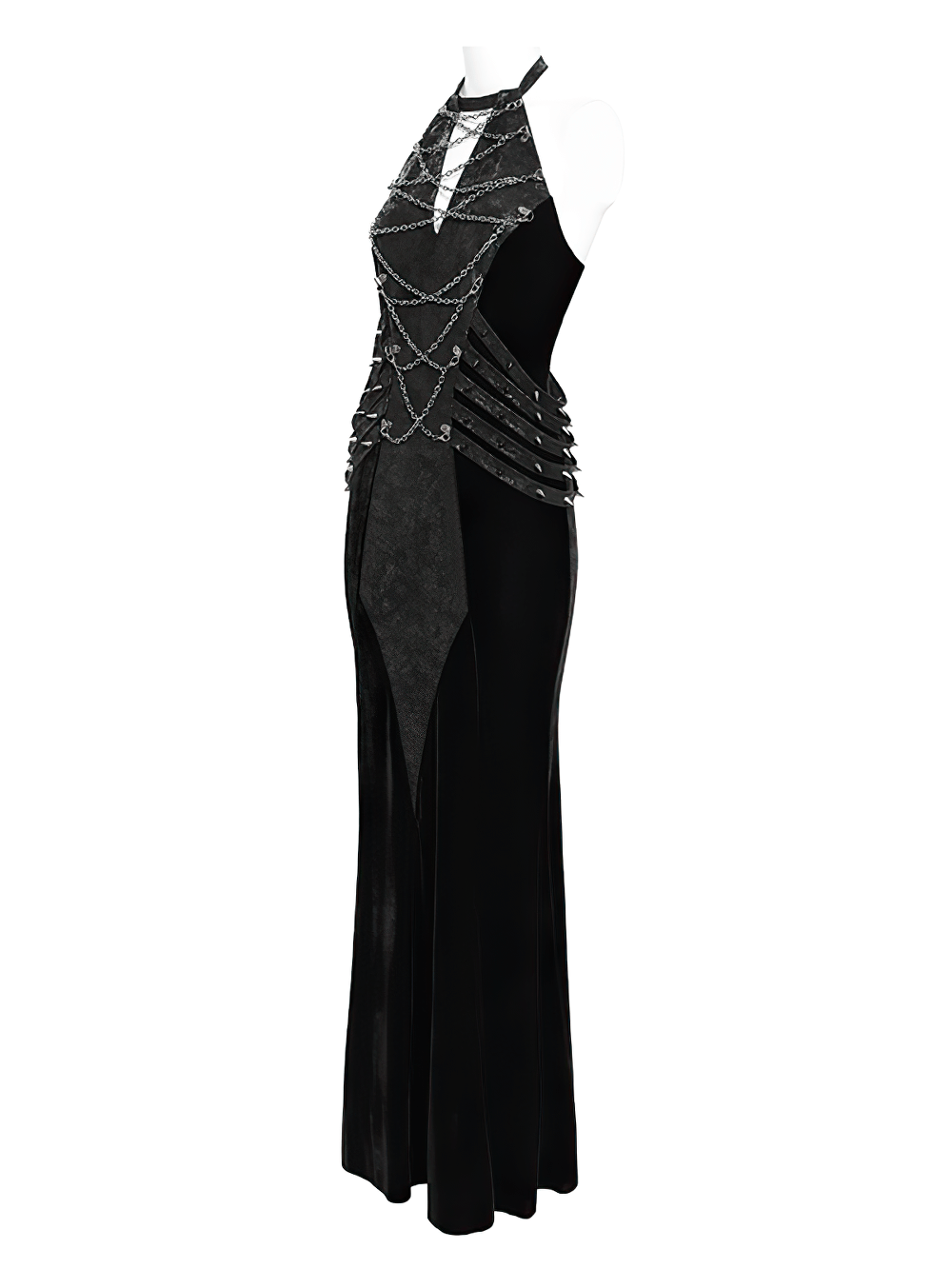 Gothic Velvet Chain Maxi Dress with Halter Neckline