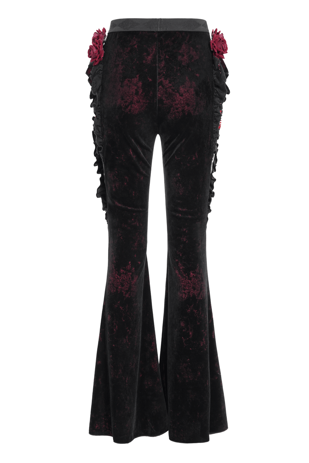 Gothic Velvet Flare Pants with Roses and Leather Detail