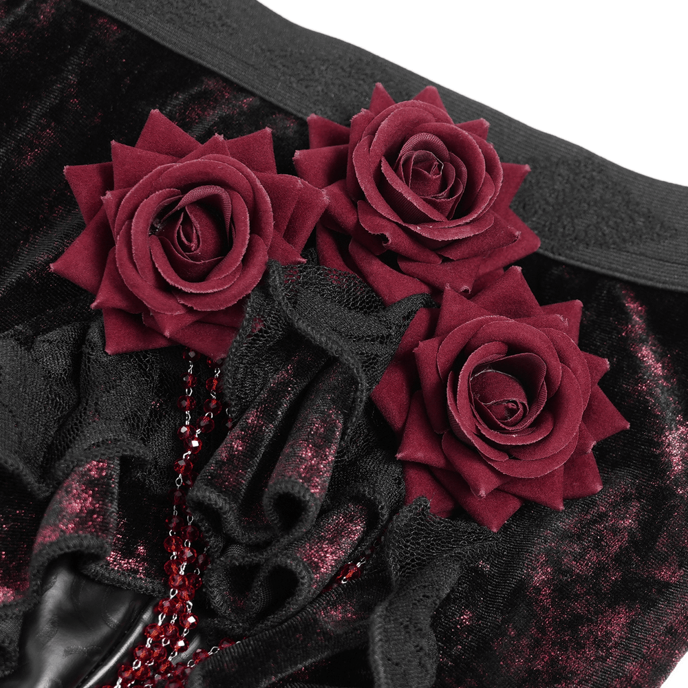 Gothic Velvet Flare Pants with Roses and Leather Detail