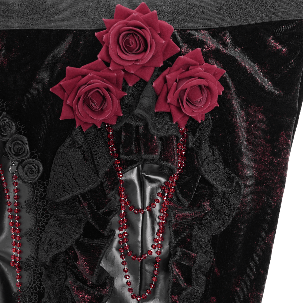 Gothic Velvet Flare Pants with Roses and Leather Detail