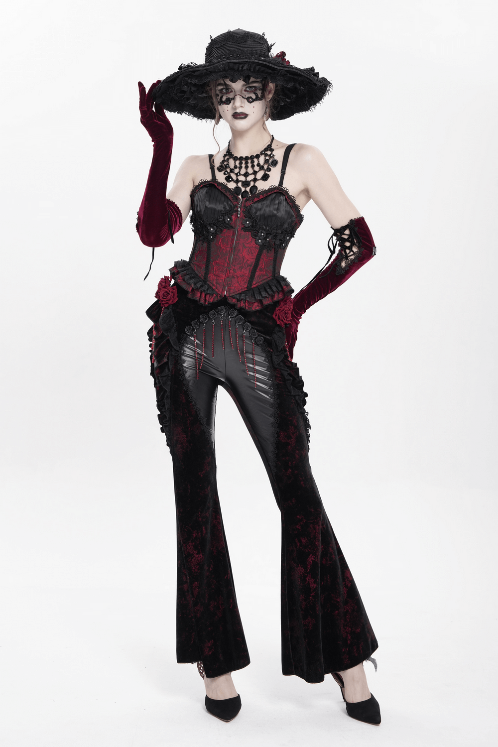 Gothic Velvet Flare Pants with Roses and Leather Detail