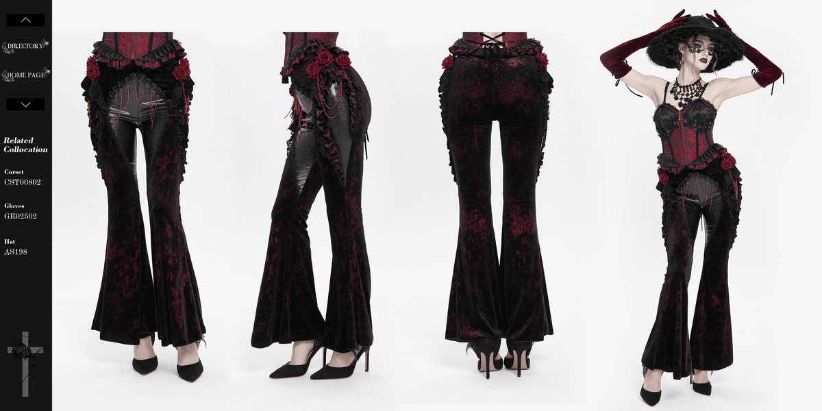 Gothic Velvet Flare Pants with Roses and Leather Detail
