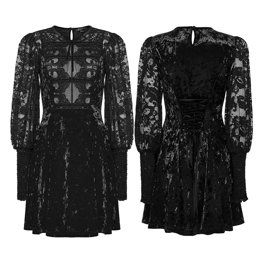 Gothic Velvet Lace Mini Dress with Lantern Sleeves
