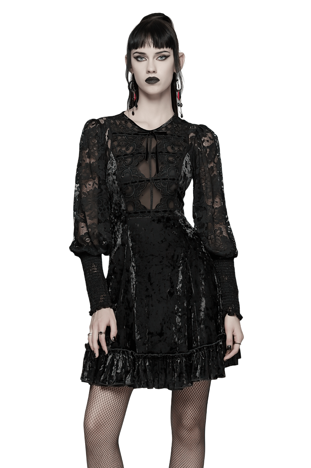Gothic Velvet Lace Mini Dress with Lantern Sleeves