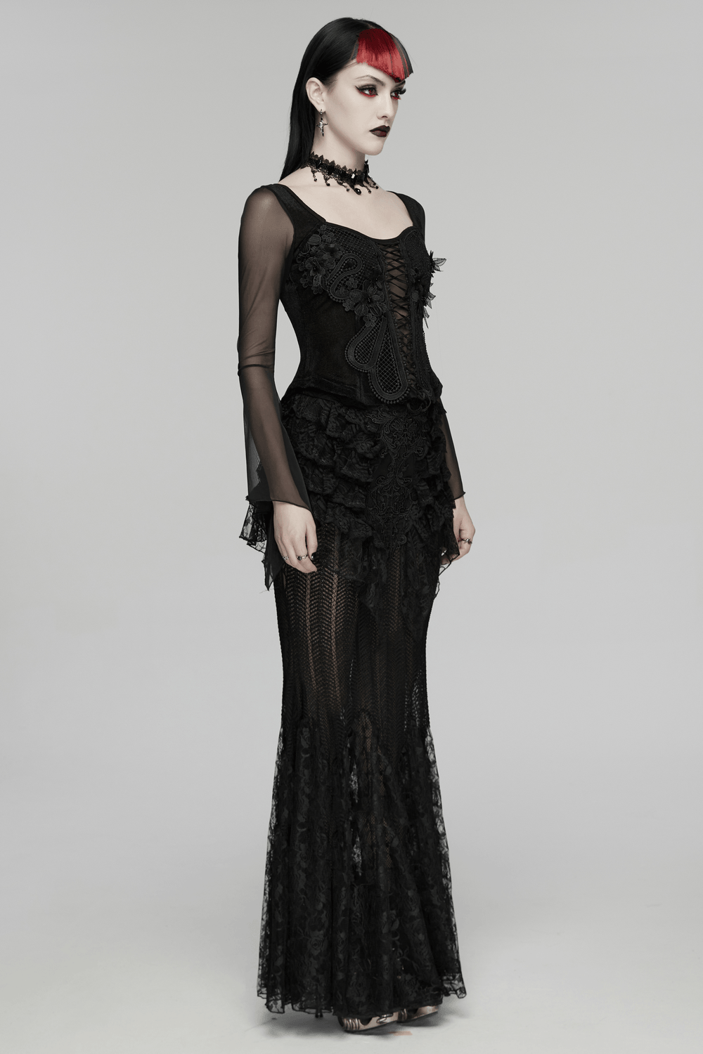 Gothic Velvet Lace-Up Mesh Embroidery Top For Women