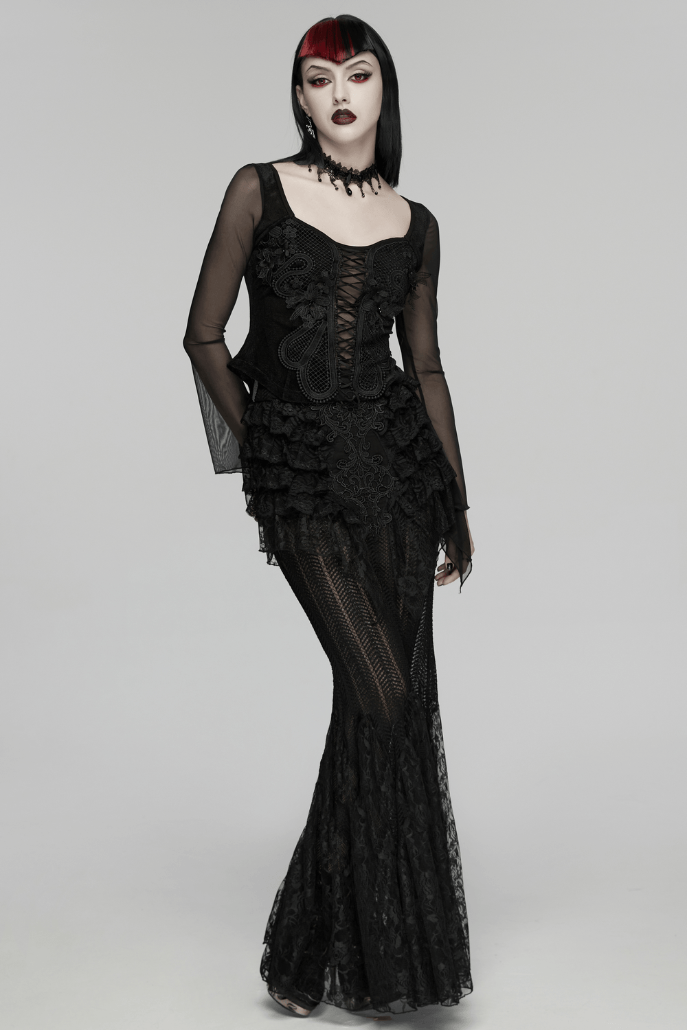 Gothic Velvet Lace-Up Mesh Embroidery Top For Women