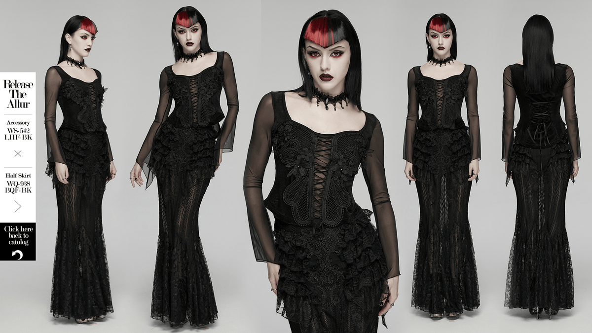 Gothic Velvet Lace-Up Mesh Embroidery Top For Women