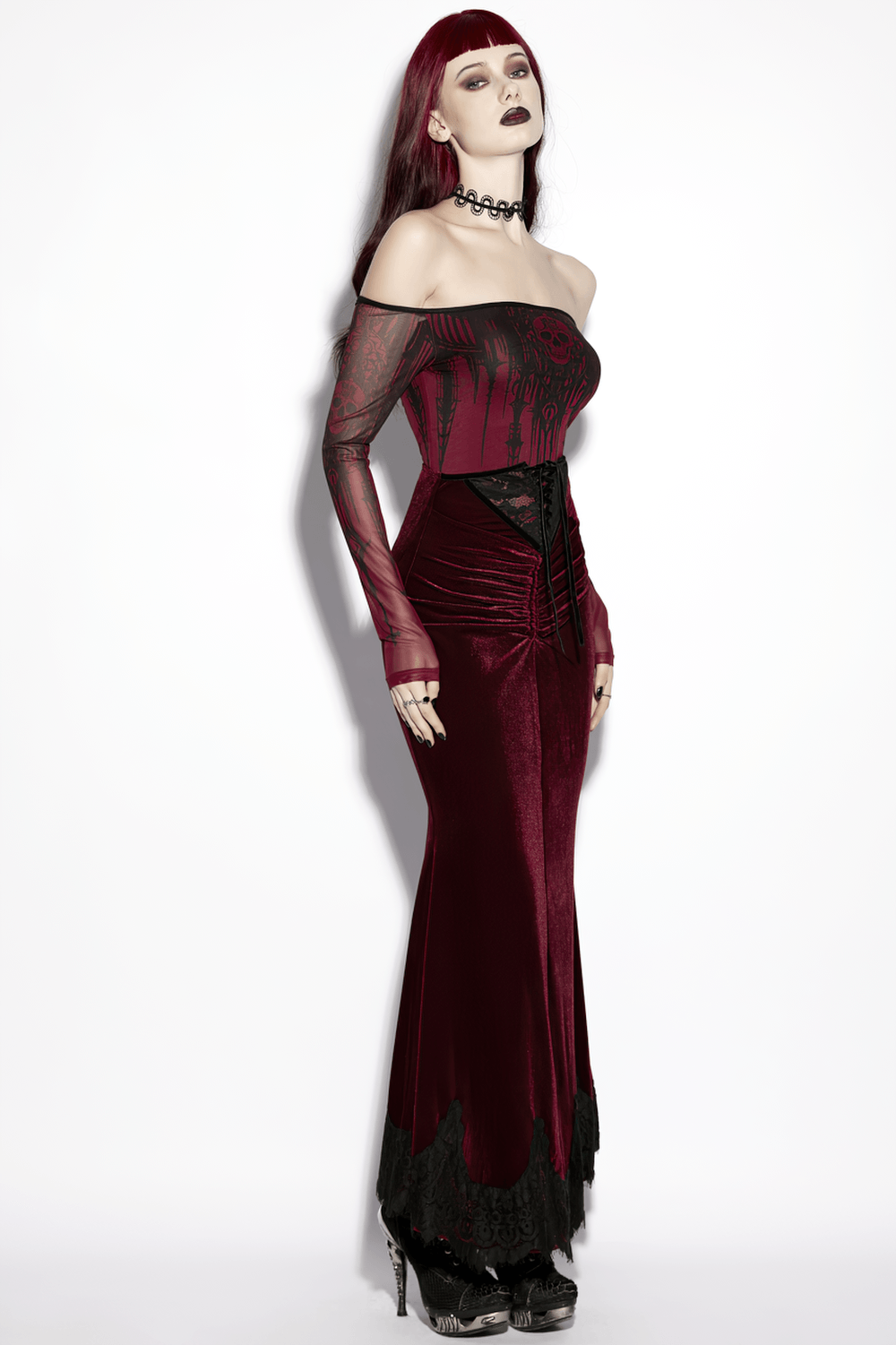 Gothic Velvet Mermaid Maxi Skirt With Lace Hem