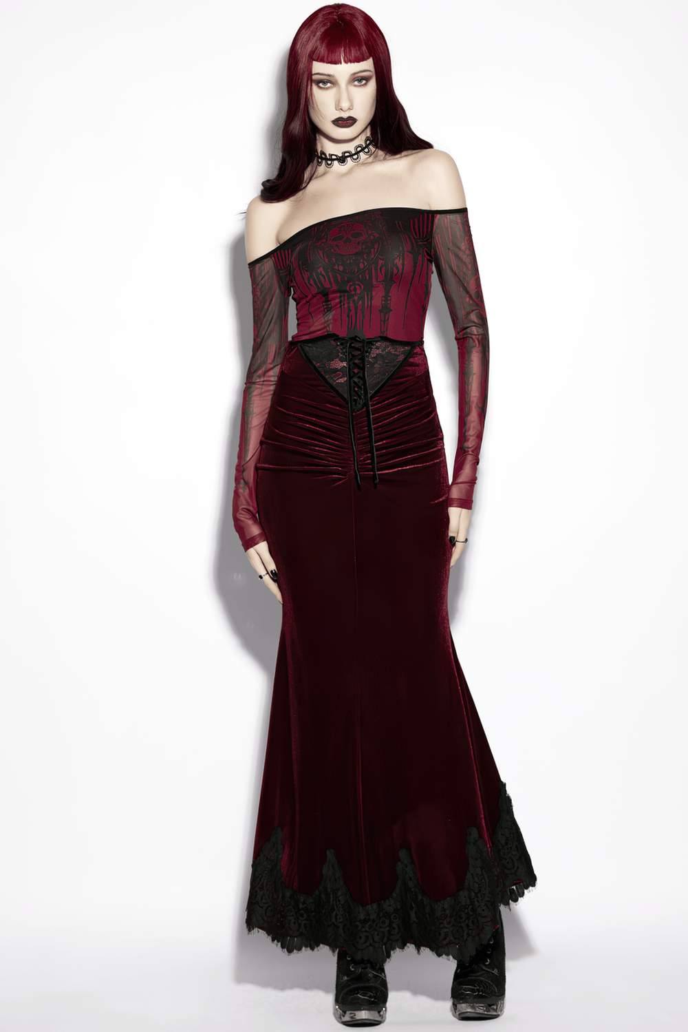 Gothic Velvet Mermaid Maxi Skirt With Lace Hem