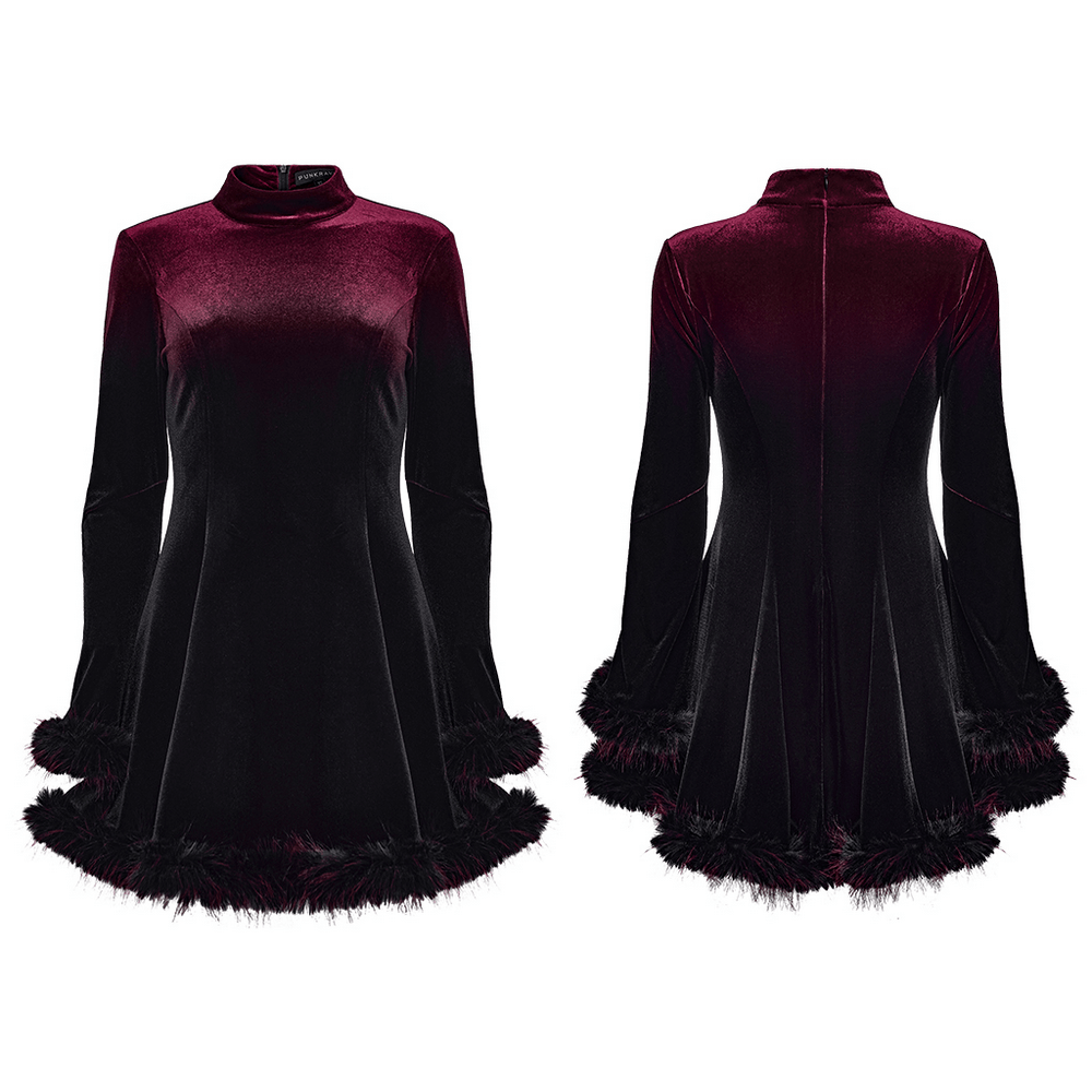 Gothic Velvet Mini Dress with Feather Trim and Zipper