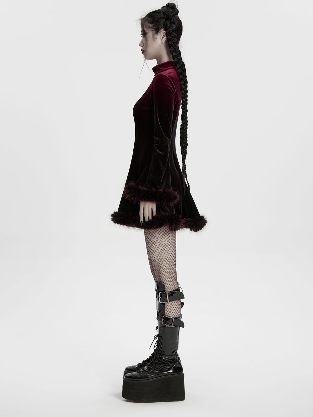Gothic Velvet Mini Dress with Feather Trim and Zipper