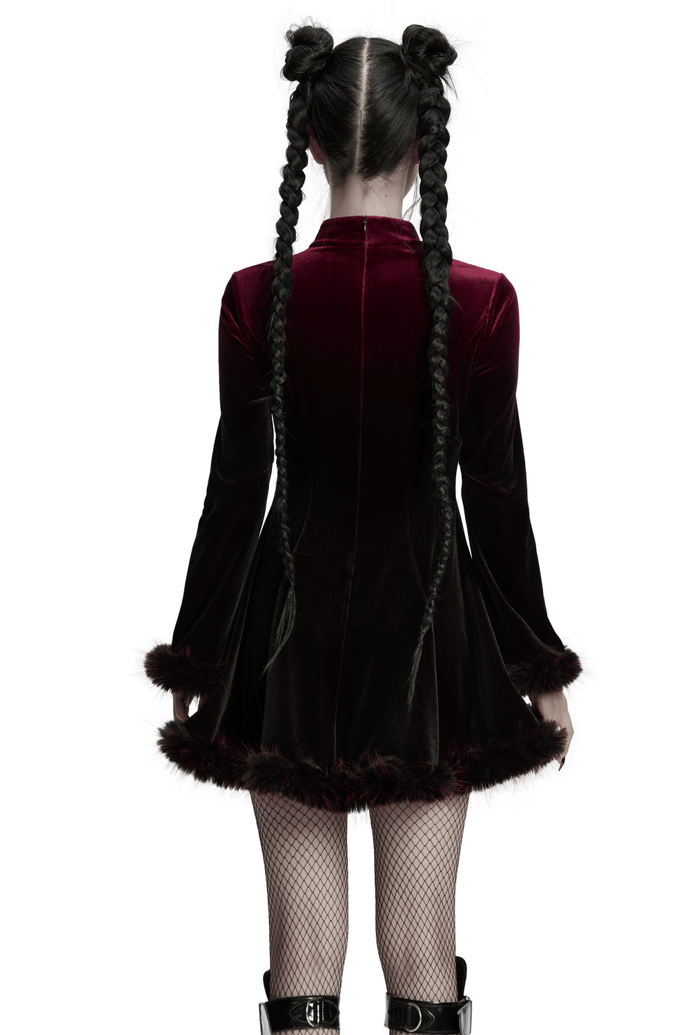 Gothic Velvet Mini Dress with Feather Trim and Zipper