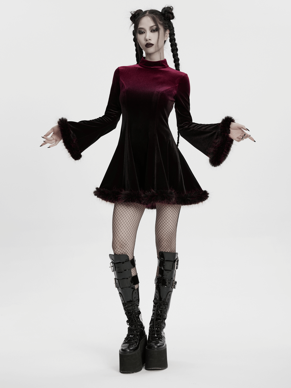 Gothic Velvet Mini Dress with Feather Trim and Zipper