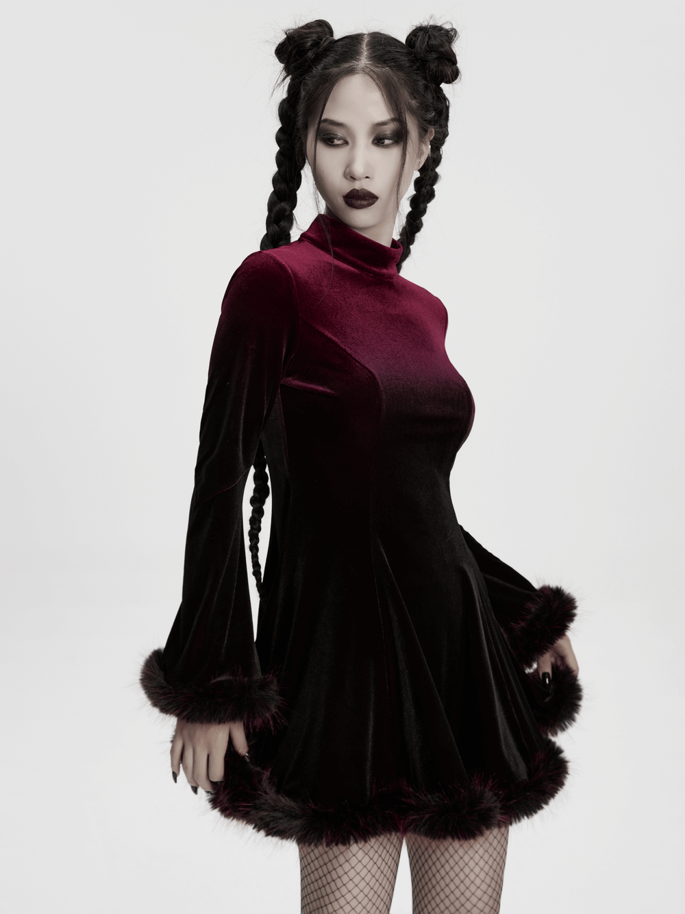 Gothic Velvet Mini Dress with Feather Trim and Zipper